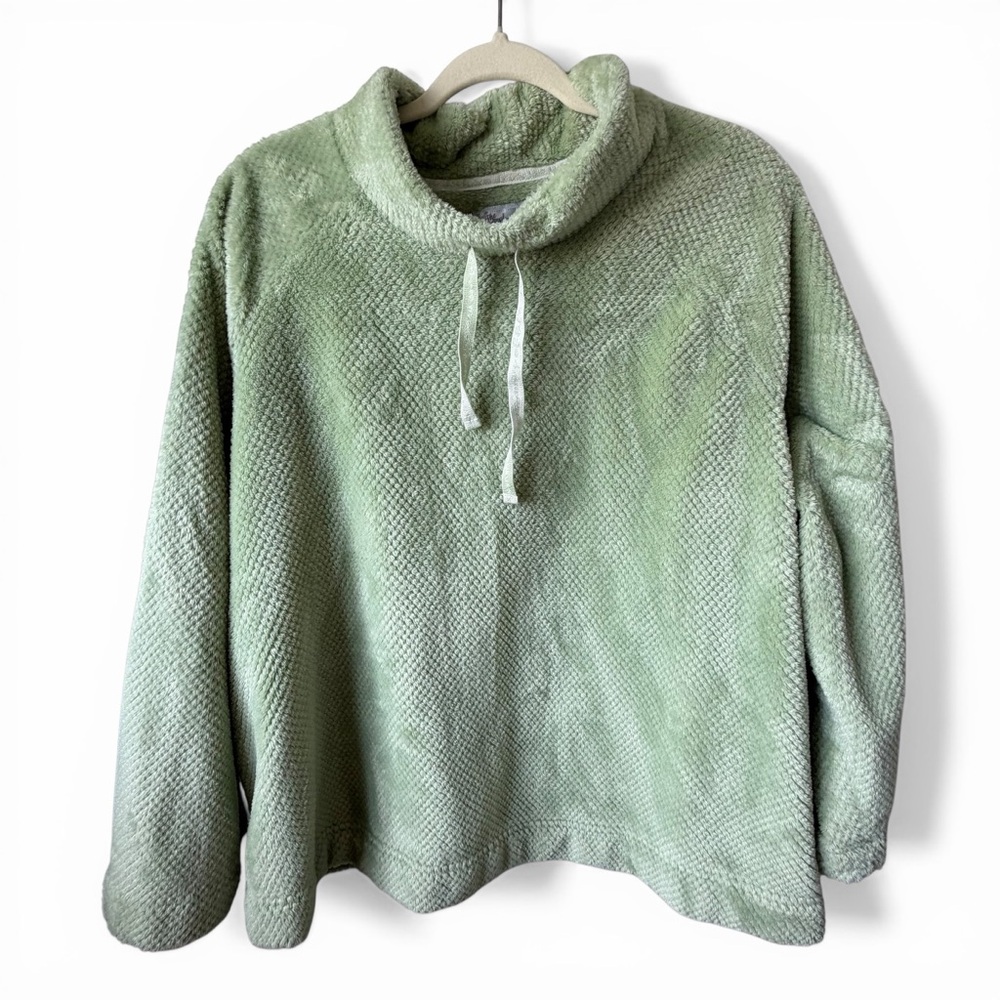 Muk Luks Cozy Sherpa Fleece Pullover Sweater Sage Green Textured Cowl Neck 1X